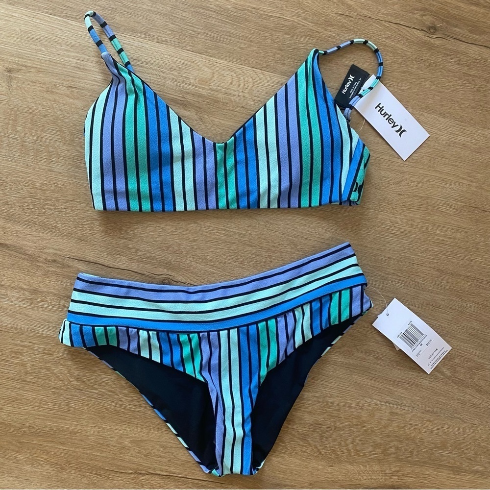 Hurley Striped Bikini Set in Blue, Teal, and Black
